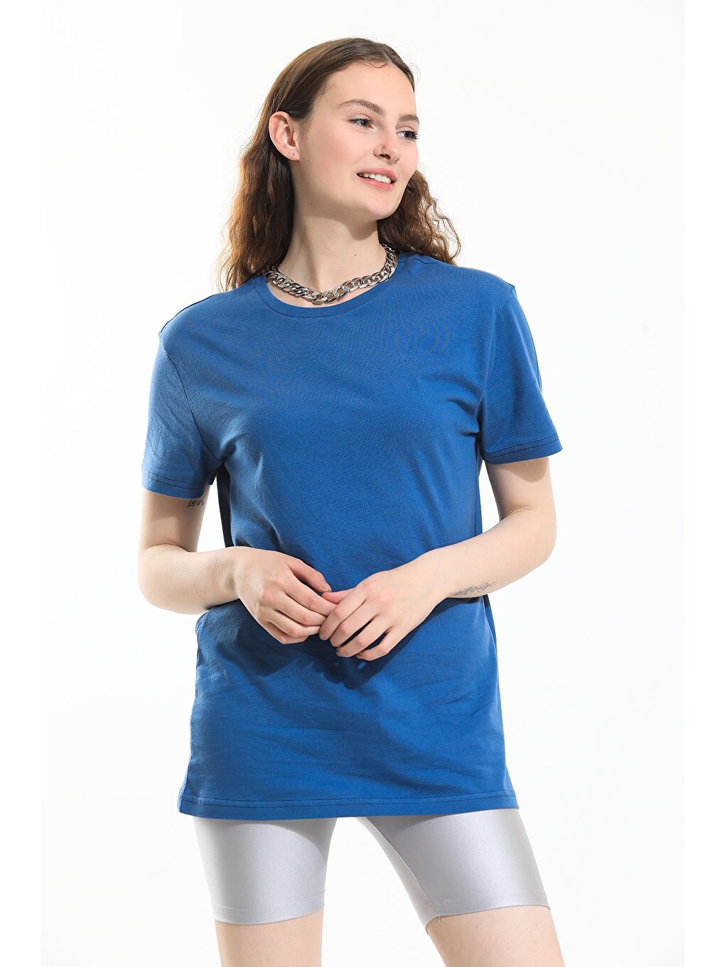 İndigo Oversize Fit Pamuklu Kısa Kollu Basic Uniseks Kadın Erkek Tişört-2