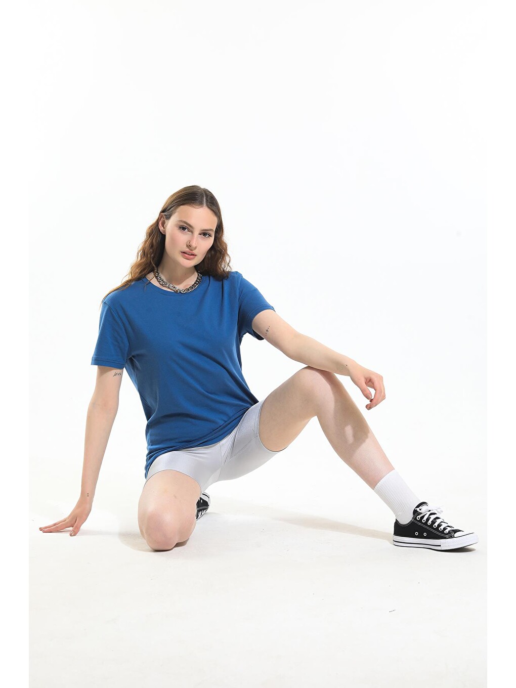 İndigo Oversize Fit Pamuklu Kısa Kollu Basic Uniseks Kadın Erkek Tişört-3