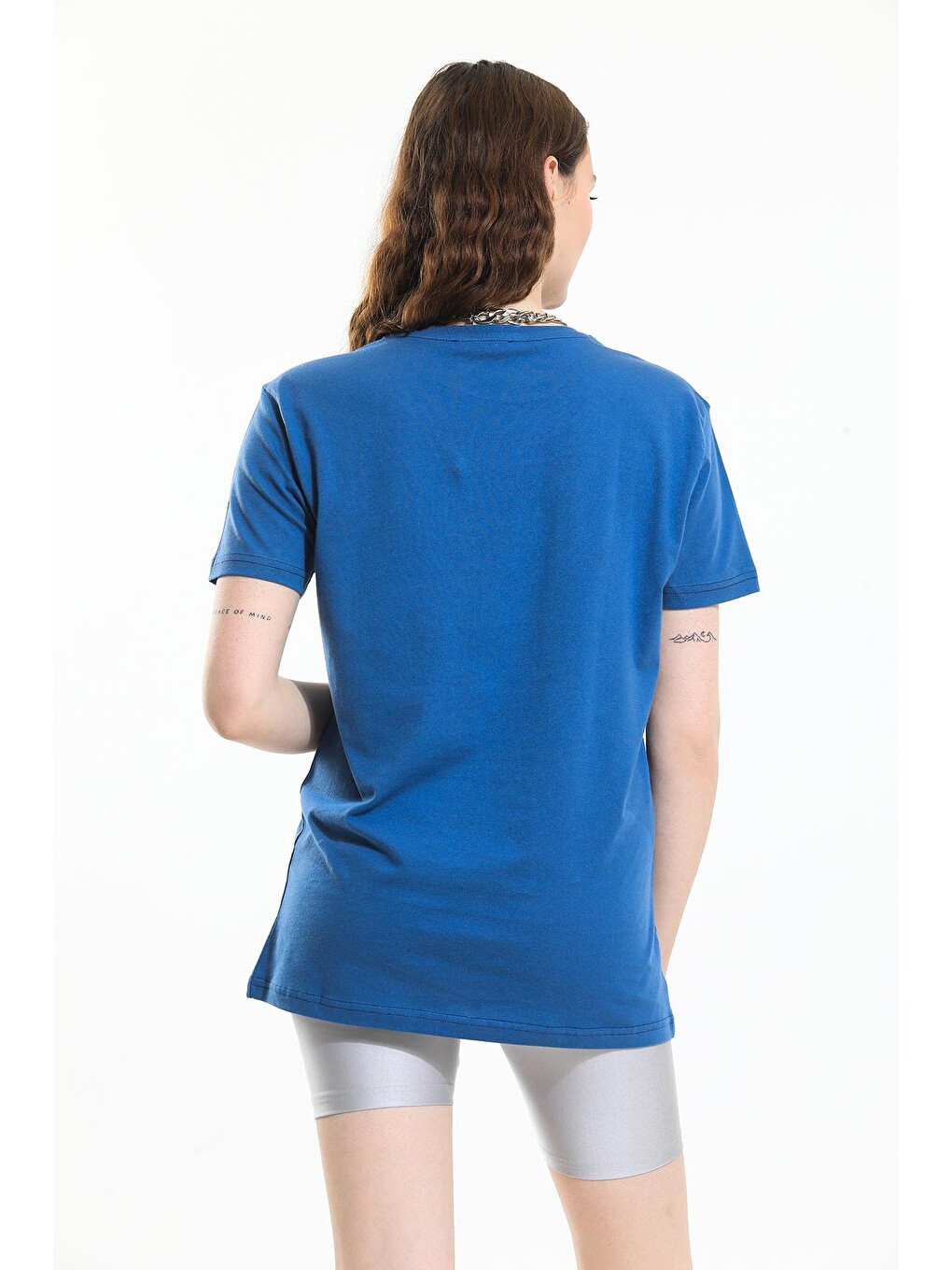 İndigo Oversize Fit Pamuklu Kısa Kollu Basic Uniseks Kadın Erkek Tişört-4