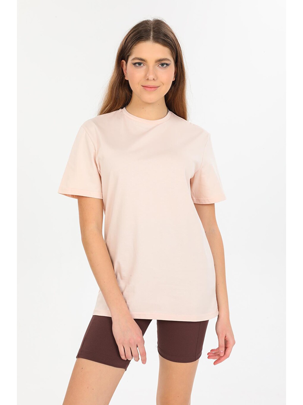 Bej Oversize Fit Pamuklu Kısa Kollu Basic Uniseks Kadın Erkek Tişört-1