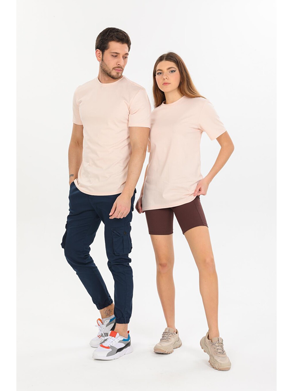 Bej Oversize Fit Pamuklu Kısa Kollu Basic Uniseks Kadın Erkek Tişört-3