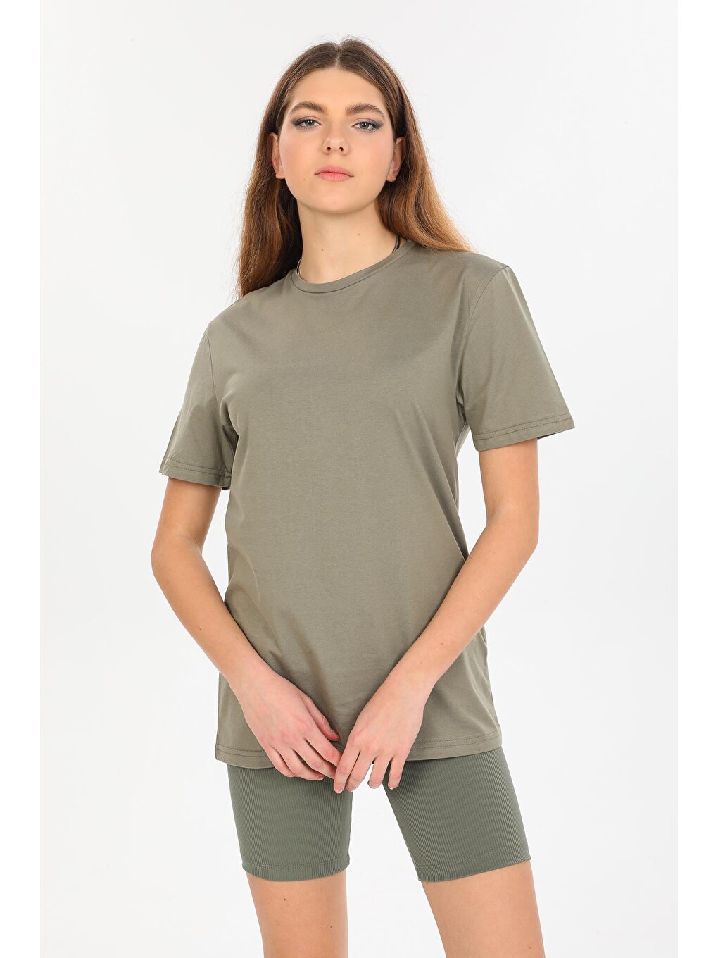Haki Oversize Fit Pamuklu Kısa Kollu Basic Uniseks Kadın Erkek Tişört-1