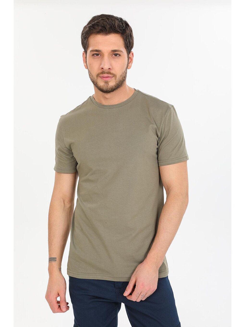 Haki Oversize Fit Pamuklu Kısa Kollu Basic Uniseks Kadın Erkek Tişört-2