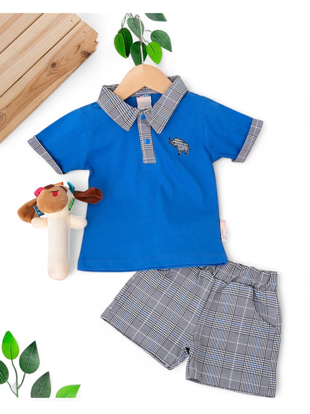 Mavi Erkek Bebek Polo Yakalı Fil Nakışlı Ekose Şortlu Yazlık Takım