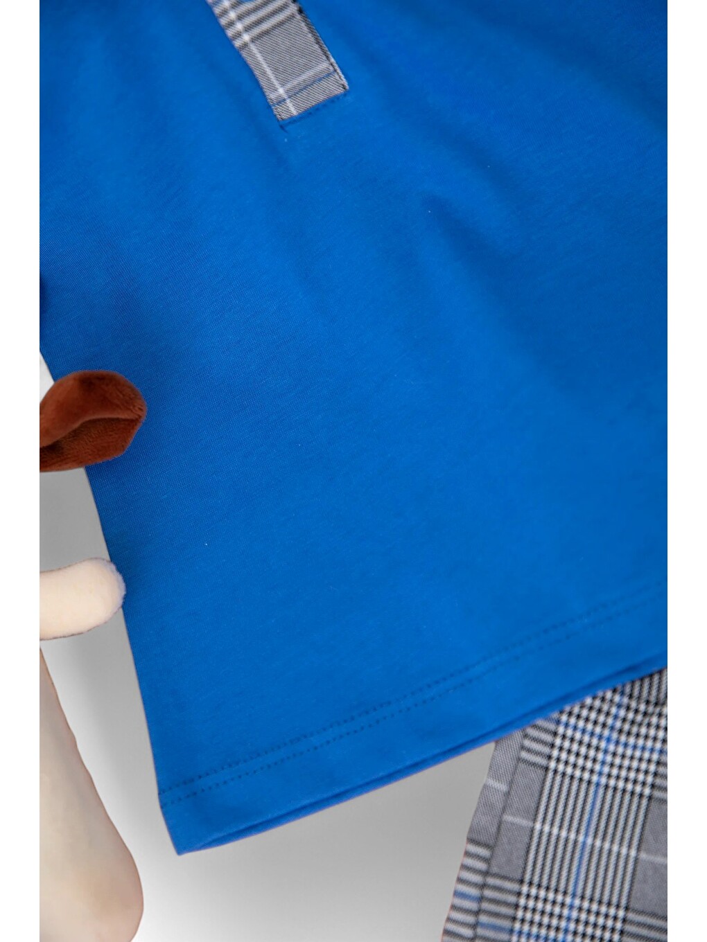 Mavi Erkek Bebek Polo Yakalı Fil Nakışlı Ekose Şortlu Yazlık Takım-3