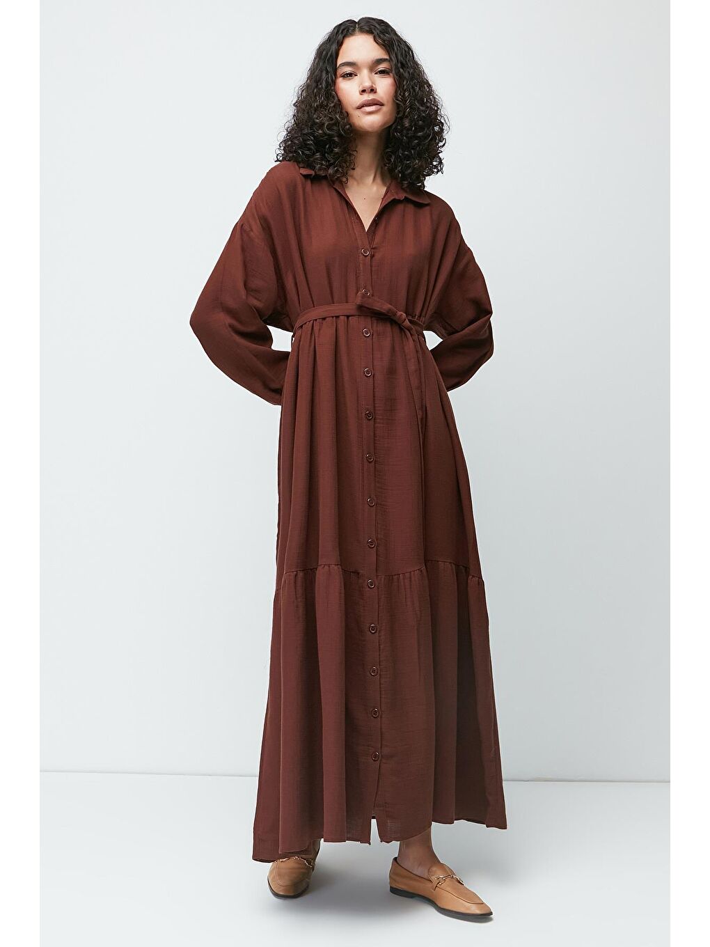 Organik Pamuk Müslin Uzun Kol Elbise 9128 Kahverengi