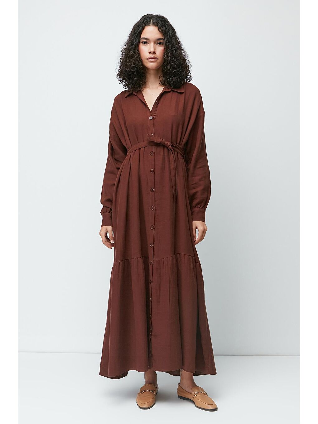 Organik Pamuk Müslin Uzun Kol Elbise 9128 Kahverengi-1