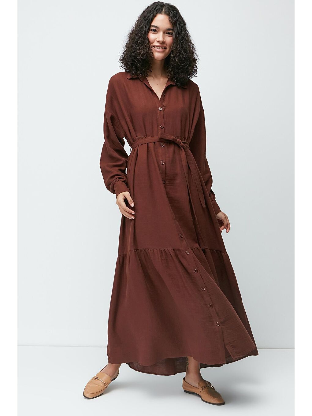 Organik Pamuk Müslin Uzun Kol Elbise 9128 Kahverengi-2