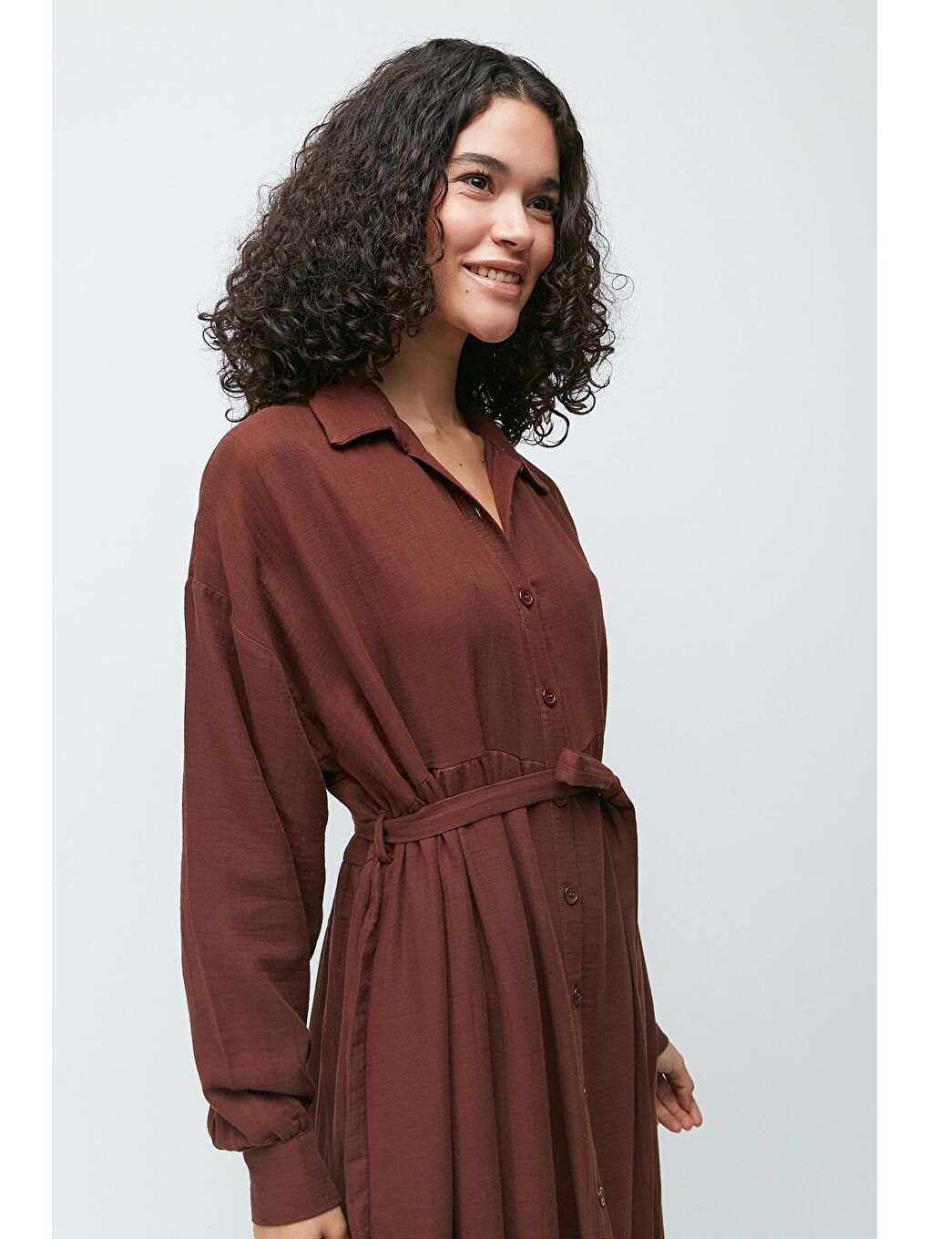 Organik Pamuk Müslin Uzun Kol Elbise 9128 Kahverengi-3