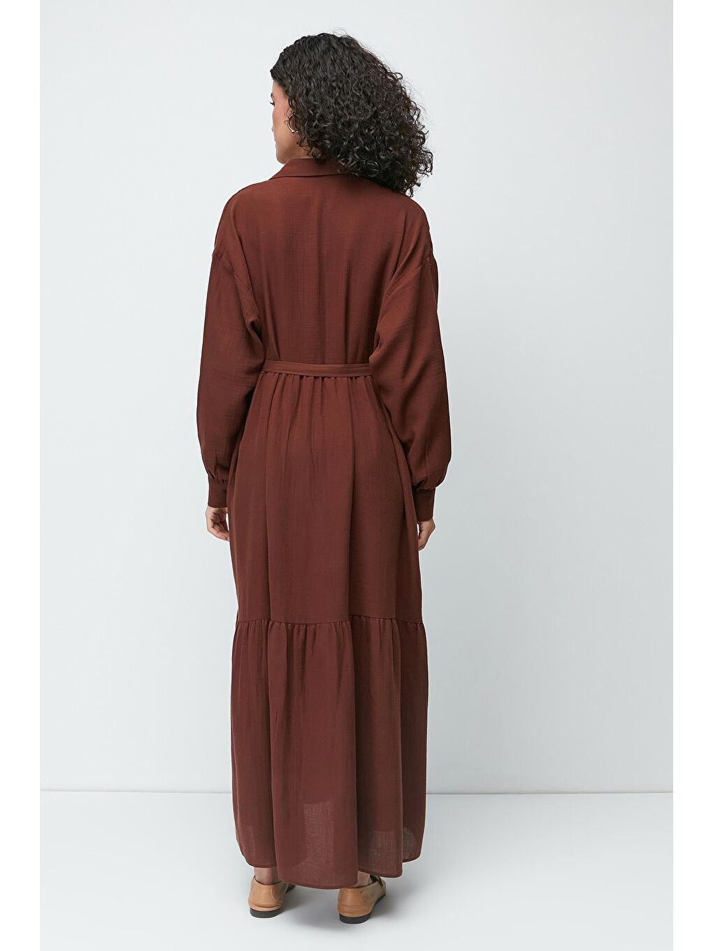 Organik Pamuk Müslin Uzun Kol Elbise 9128 Kahverengi-4