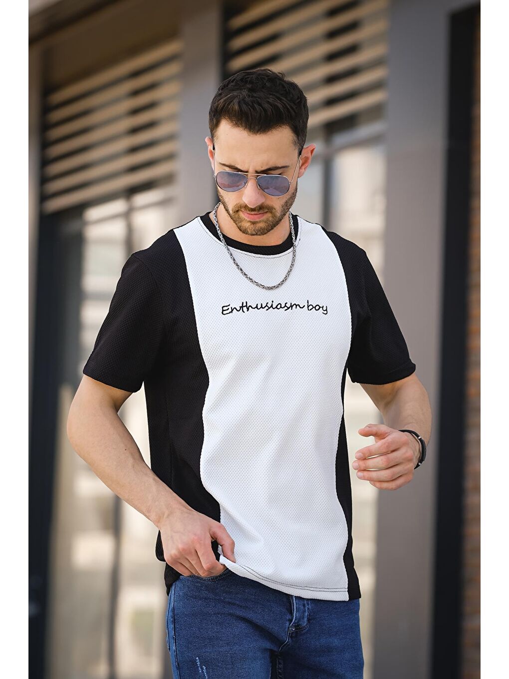 Siyah Scarp Nakışlı Parçalı Waffle Desen Slim Fit Likralı Erkek Tişört-2