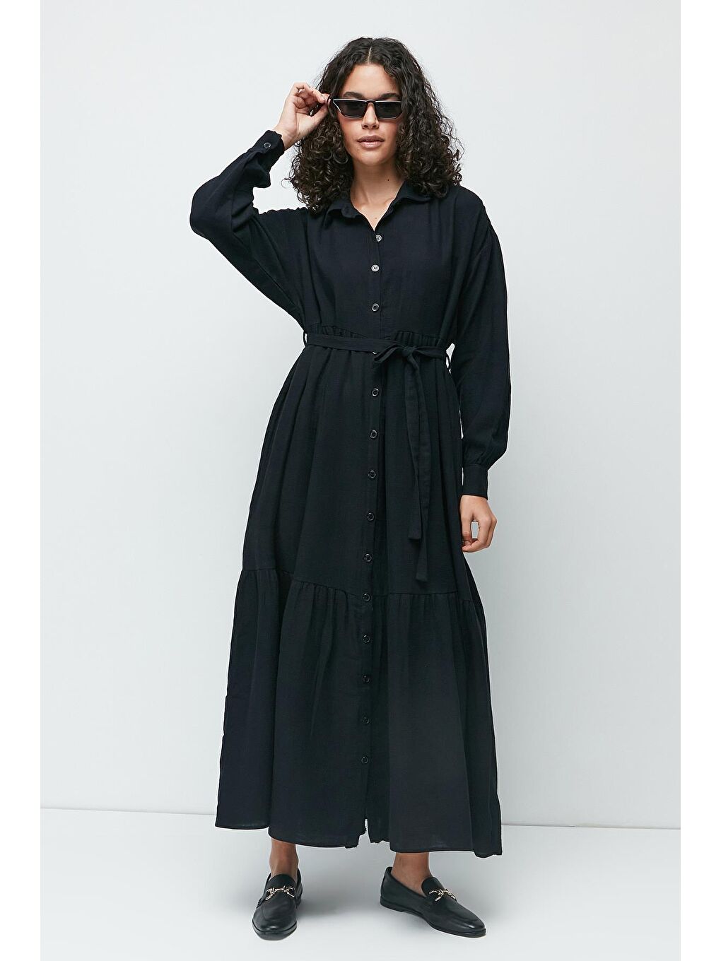 Organik Pamuk Müslin Uzun Kol Elbise 9128 Siyah-3