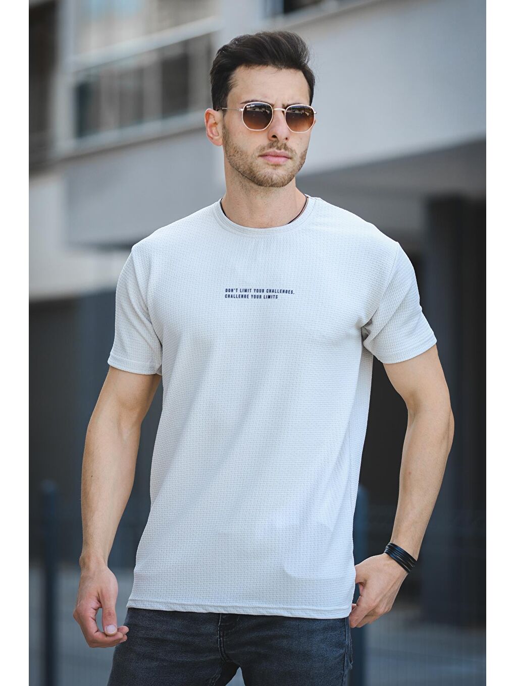 Ekru Ft Dont Limit Baskılı Waffle Bisiklet Yaka Elastanlı Slim Fit Erkek Tişört