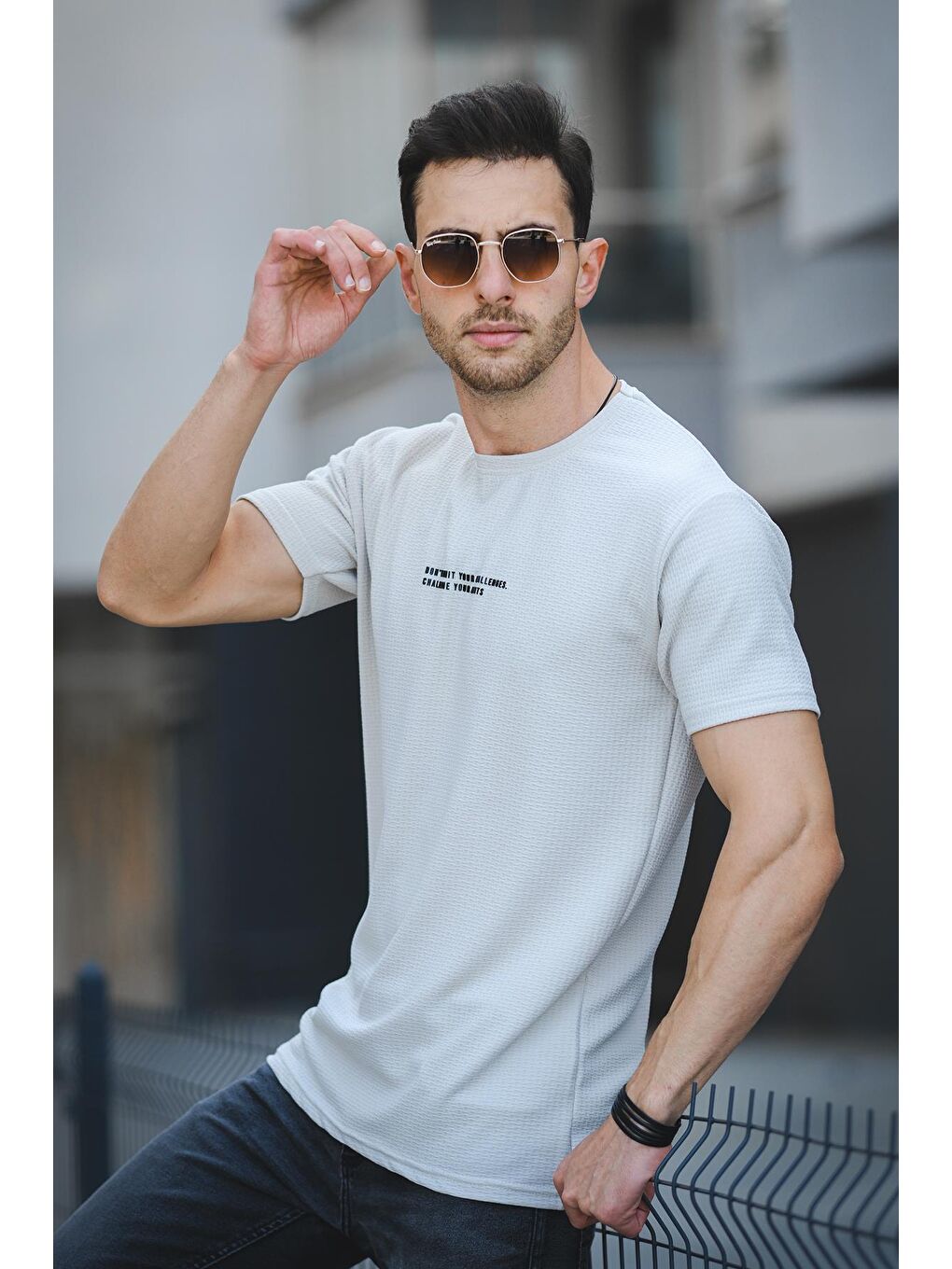 Ekru Ft Dont Limit Baskılı Waffle Bisiklet Yaka Elastanlı Slim Fit Erkek Tişört-2