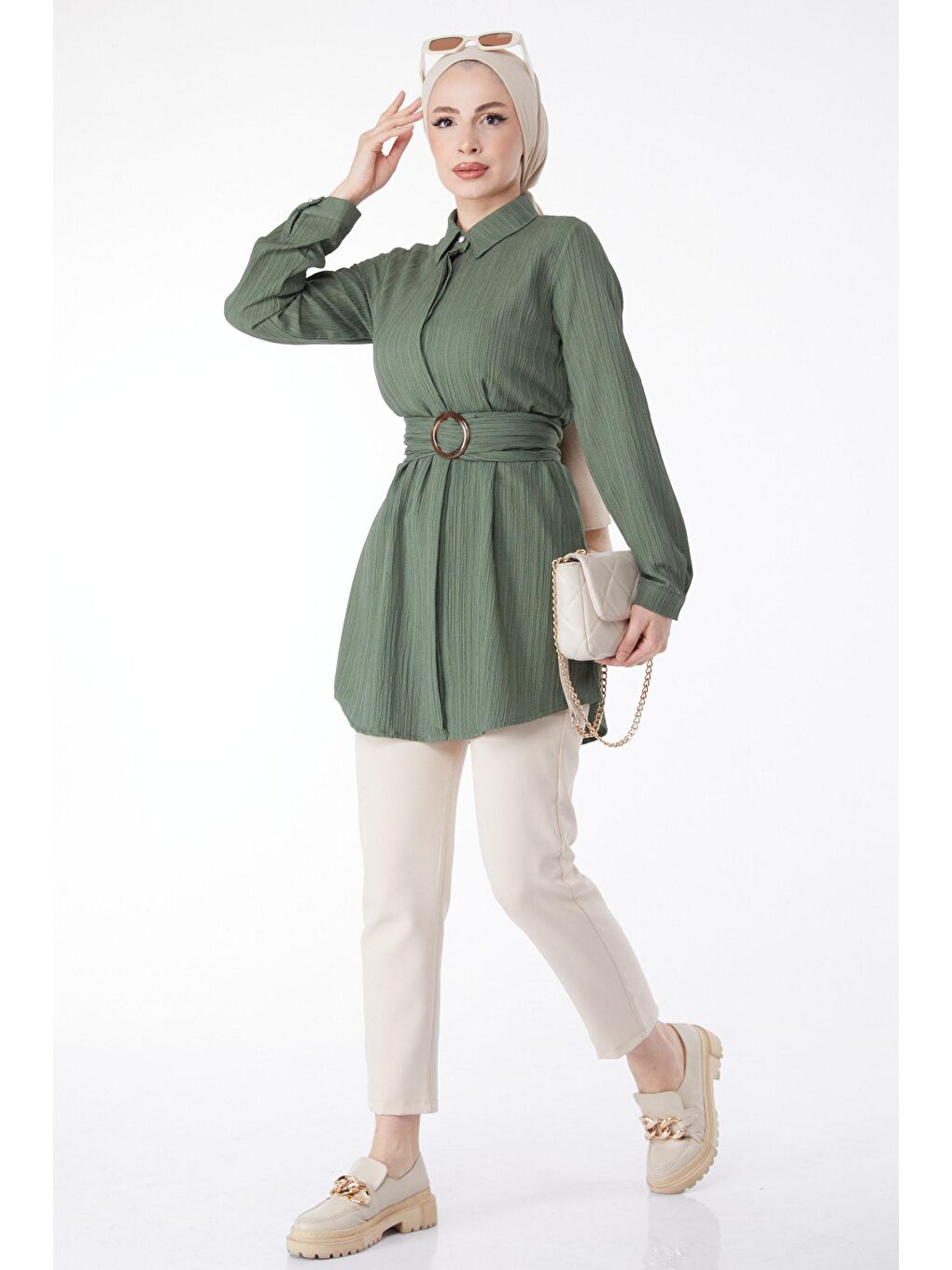 Gömlek Yaka Kadın Haki Gizli Düğme Detaylı Tunik - 24969