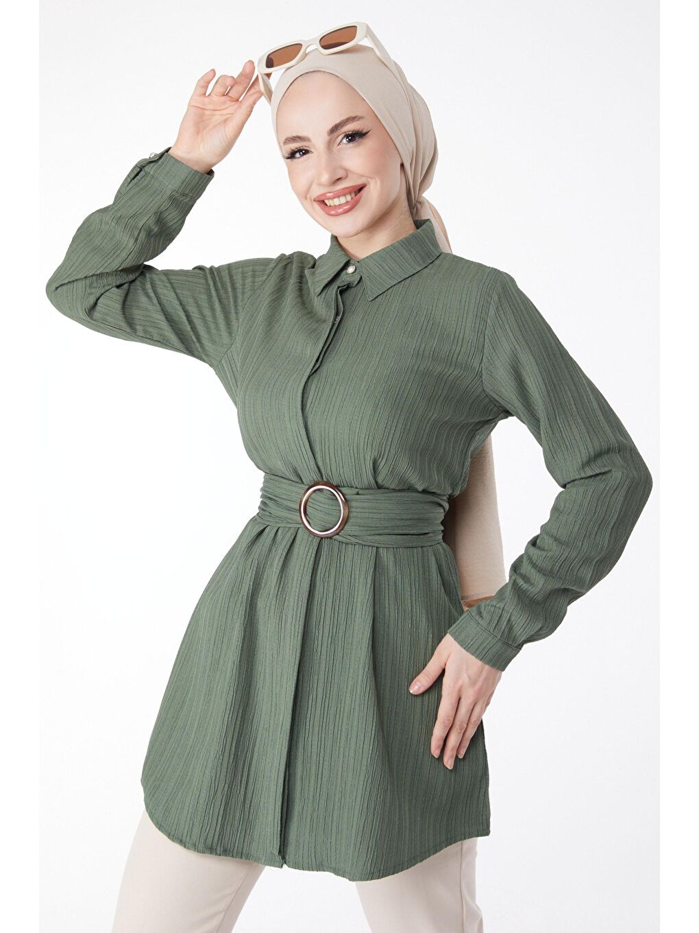 Gömlek Yaka Kadın Haki Gizli Düğme Detaylı Tunik - 24969-1