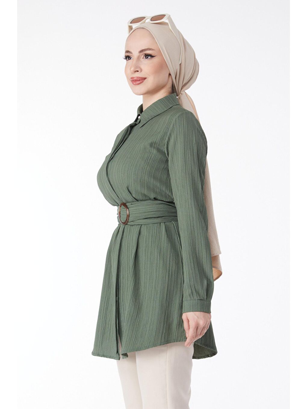 Gömlek Yaka Kadın Haki Gizli Düğme Detaylı Tunik - 24969-2