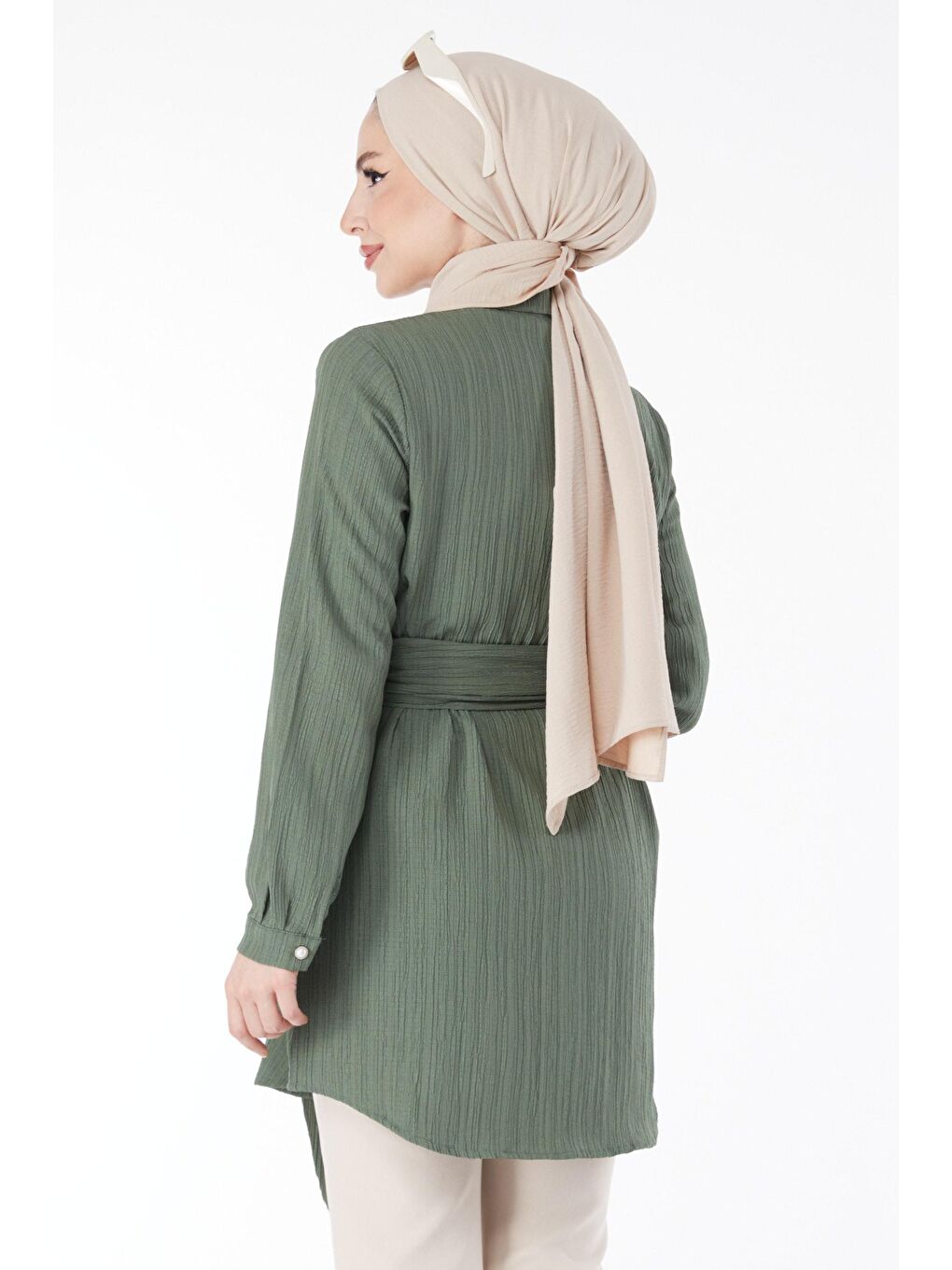 Gömlek Yaka Kadın Haki Gizli Düğme Detaylı Tunik - 24969-3