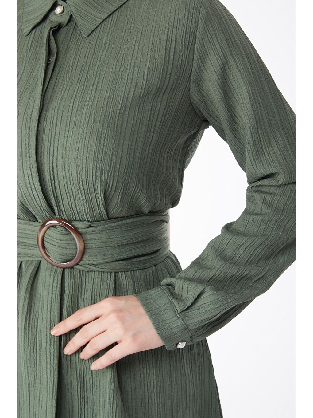 Gömlek Yaka Kadın Haki Gizli Düğme Detaylı Tunik - 24969-4