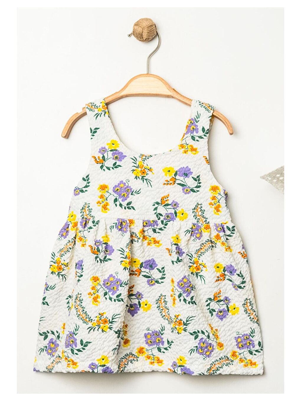 Mavi Çiçek Desenli Şapkalı Fiyonklu Kız Bebek Elbisesi-5