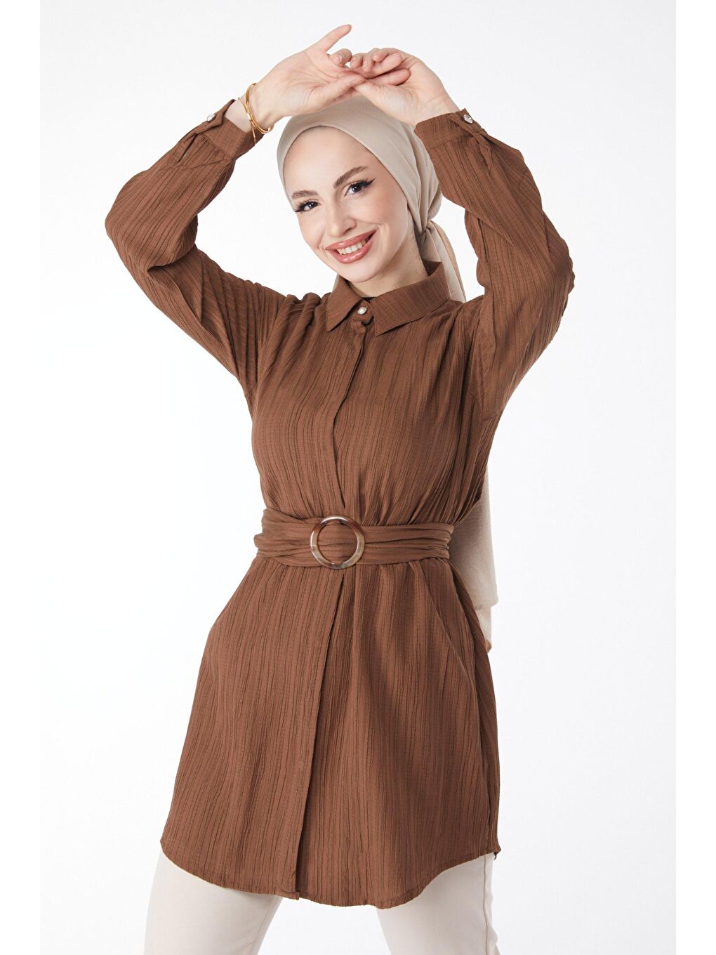 Gömlek Yaka Kadın Kahverengi Gizli Düğme Detaylı Tunik - 24969