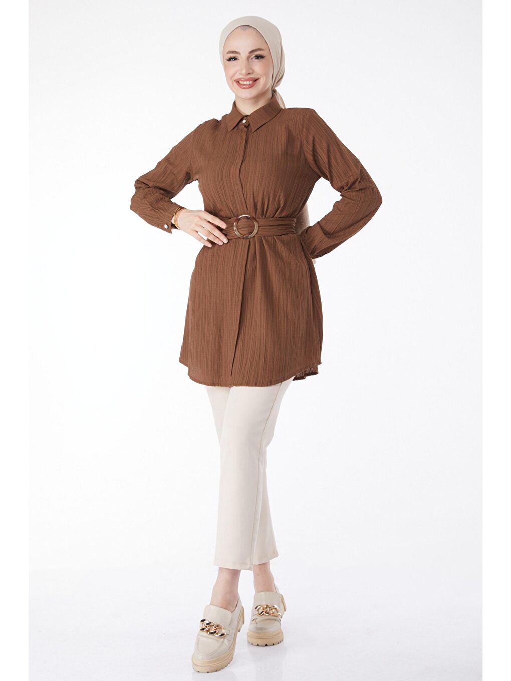 Gömlek Yaka Kadın Kahverengi Gizli Düğme Detaylı Tunik - 24969-1