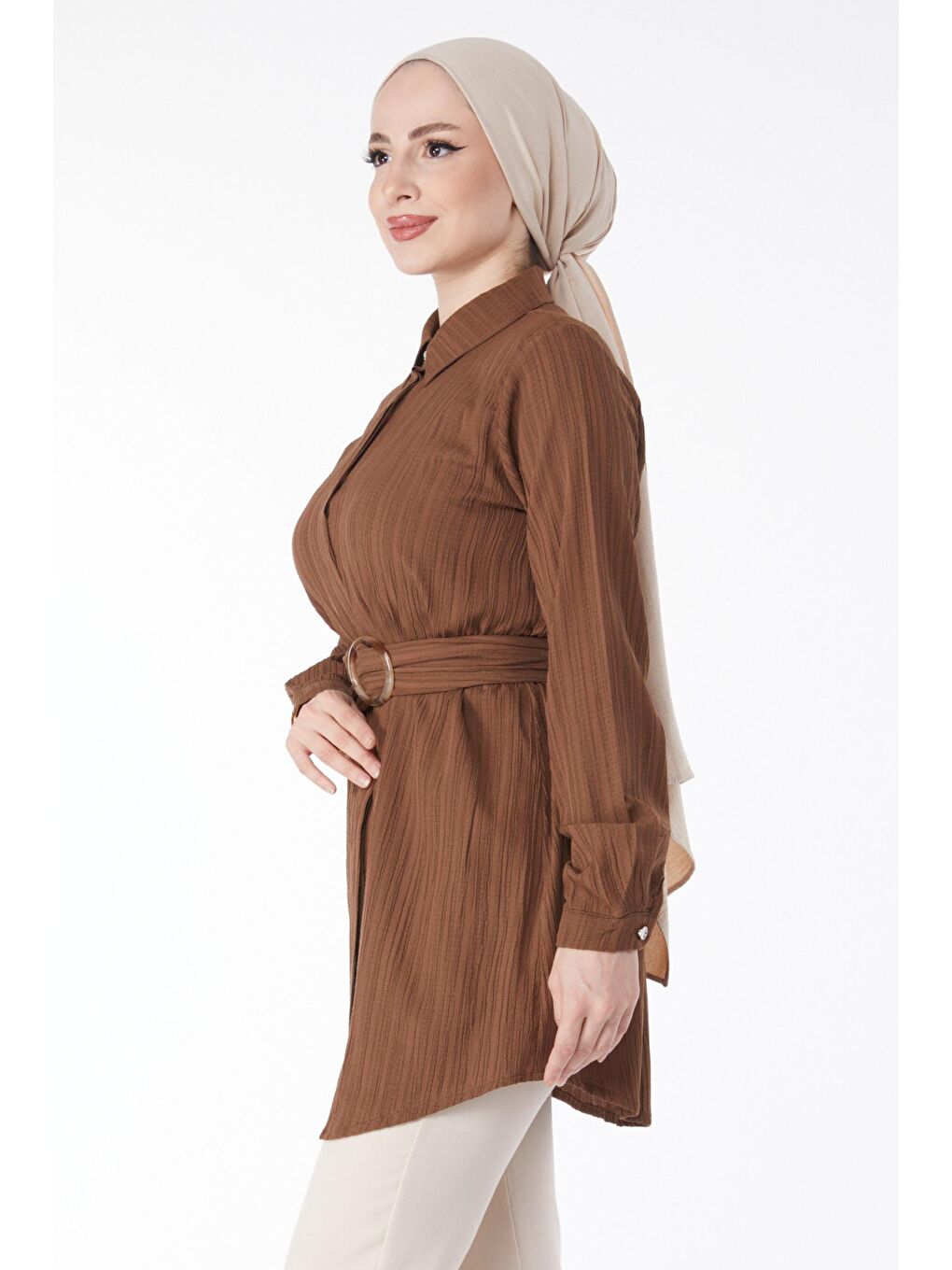 Gömlek Yaka Kadın Kahverengi Gizli Düğme Detaylı Tunik - 24969-2
