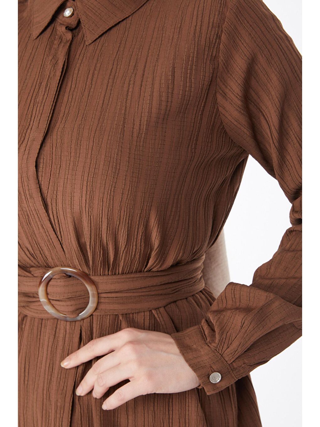 Gömlek Yaka Kadın Kahverengi Gizli Düğme Detaylı Tunik - 24969-4