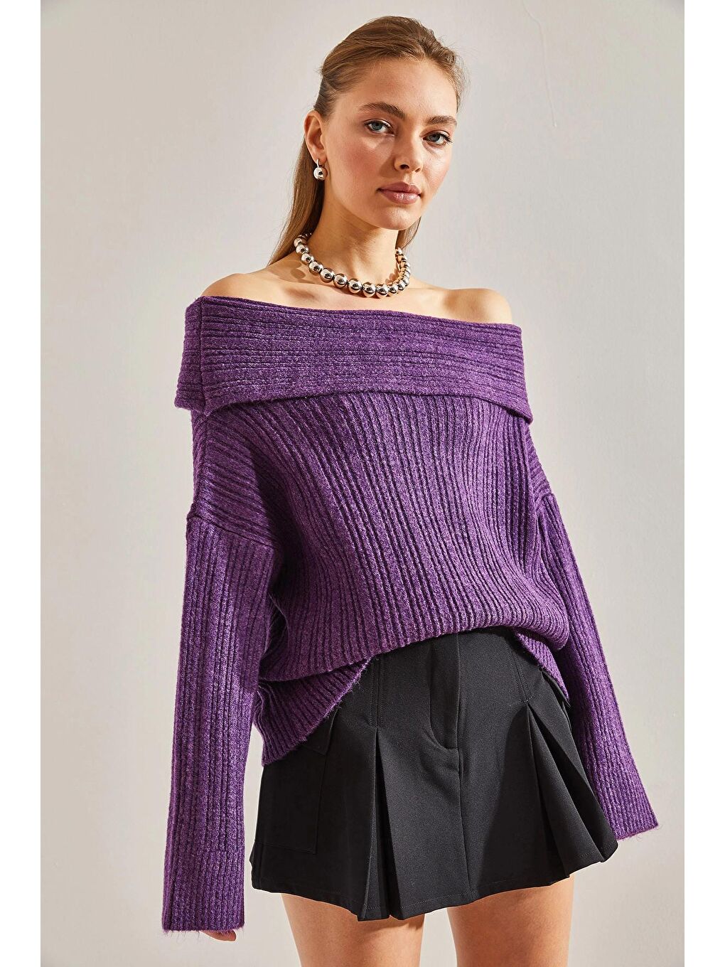 Mor Kadın Degaje Yaka Kazak-4