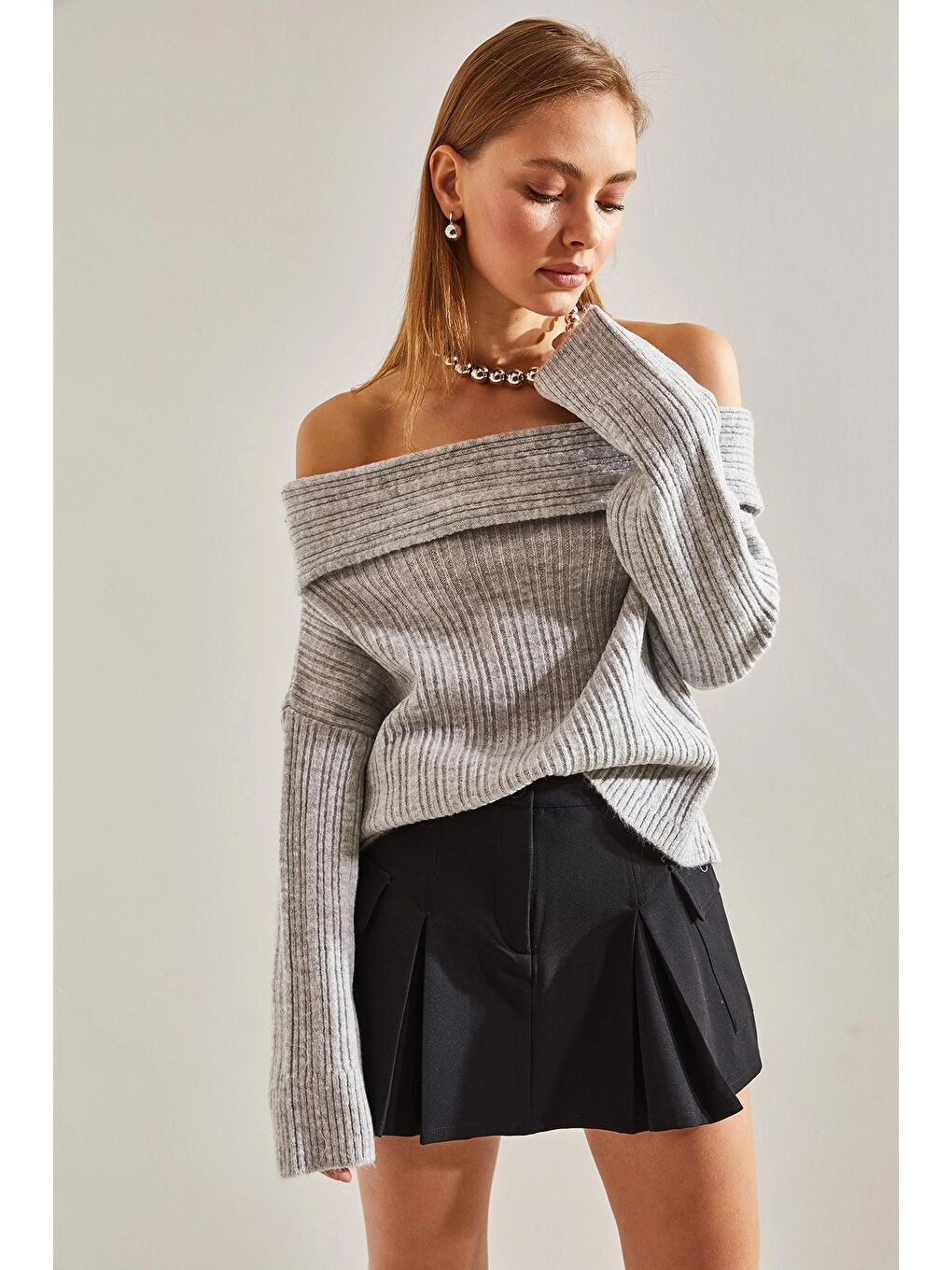 Gri Kadın Degaje Yaka Kazak-2