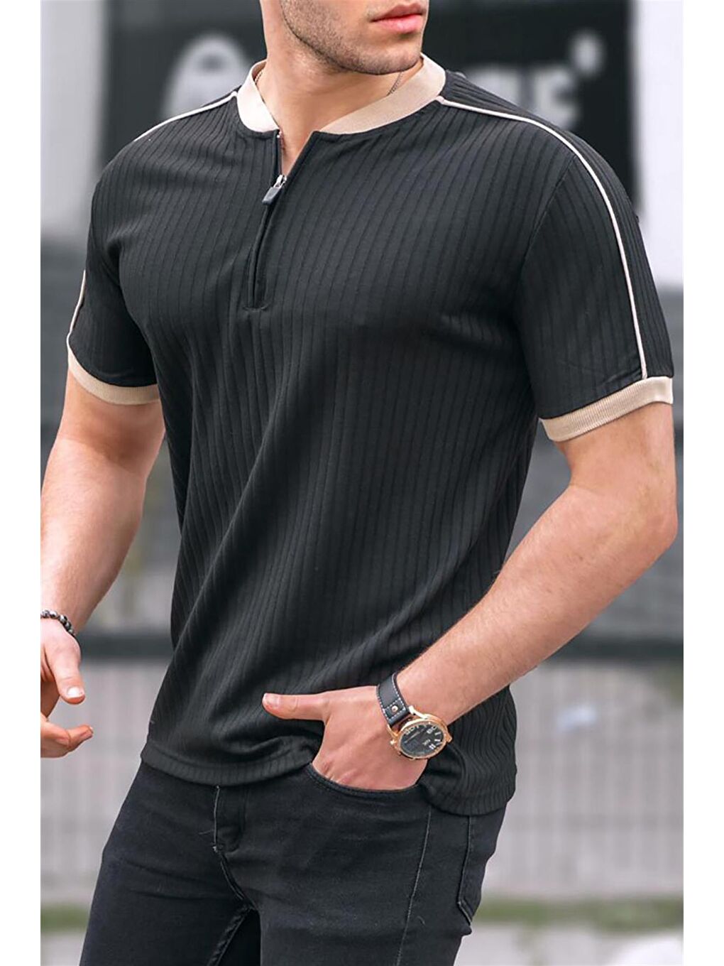 Siyah Fermuar Yaka Erkek Penye Tişört-2