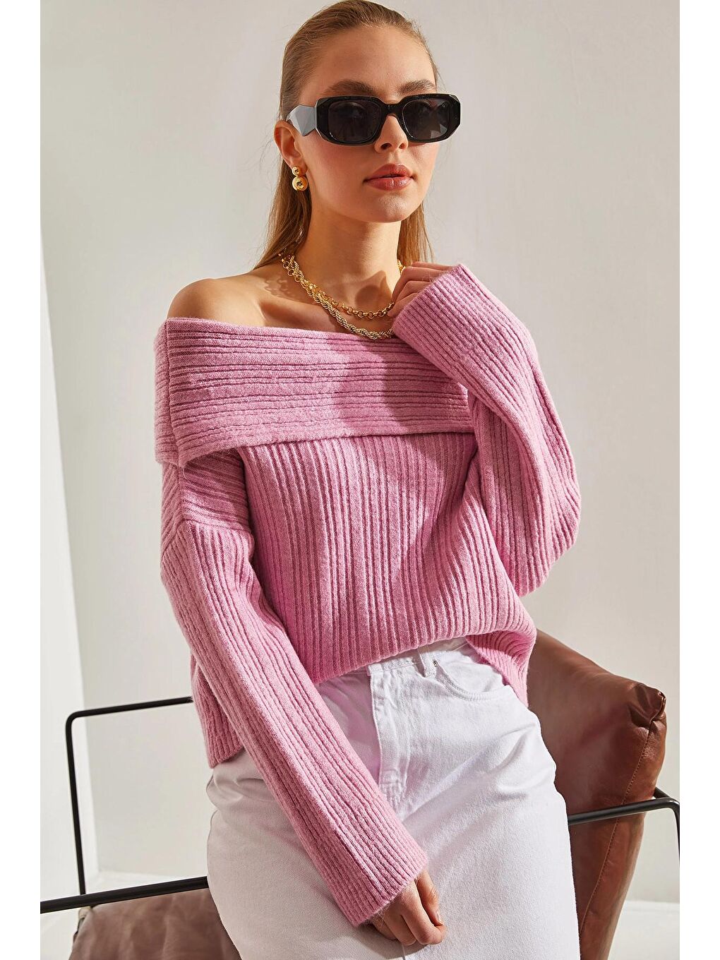 Pembe Kadın Degaje Yaka Kazak