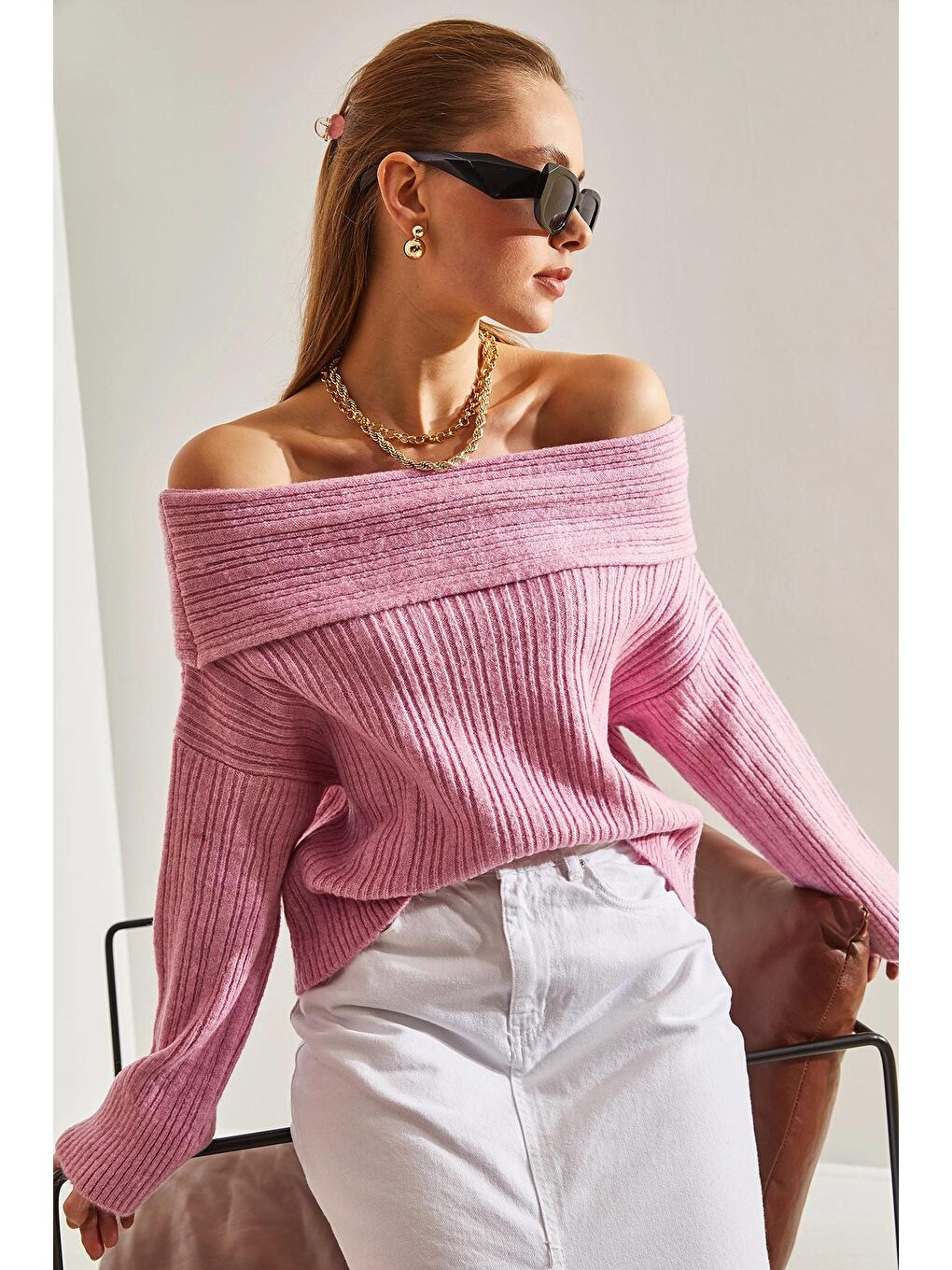 Pembe Kadın Degaje Yaka Kazak-1