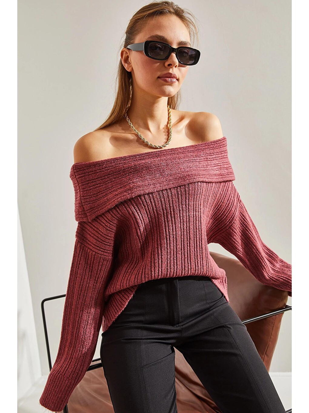 Pembe Kadın Degaje Yaka Kazak-3