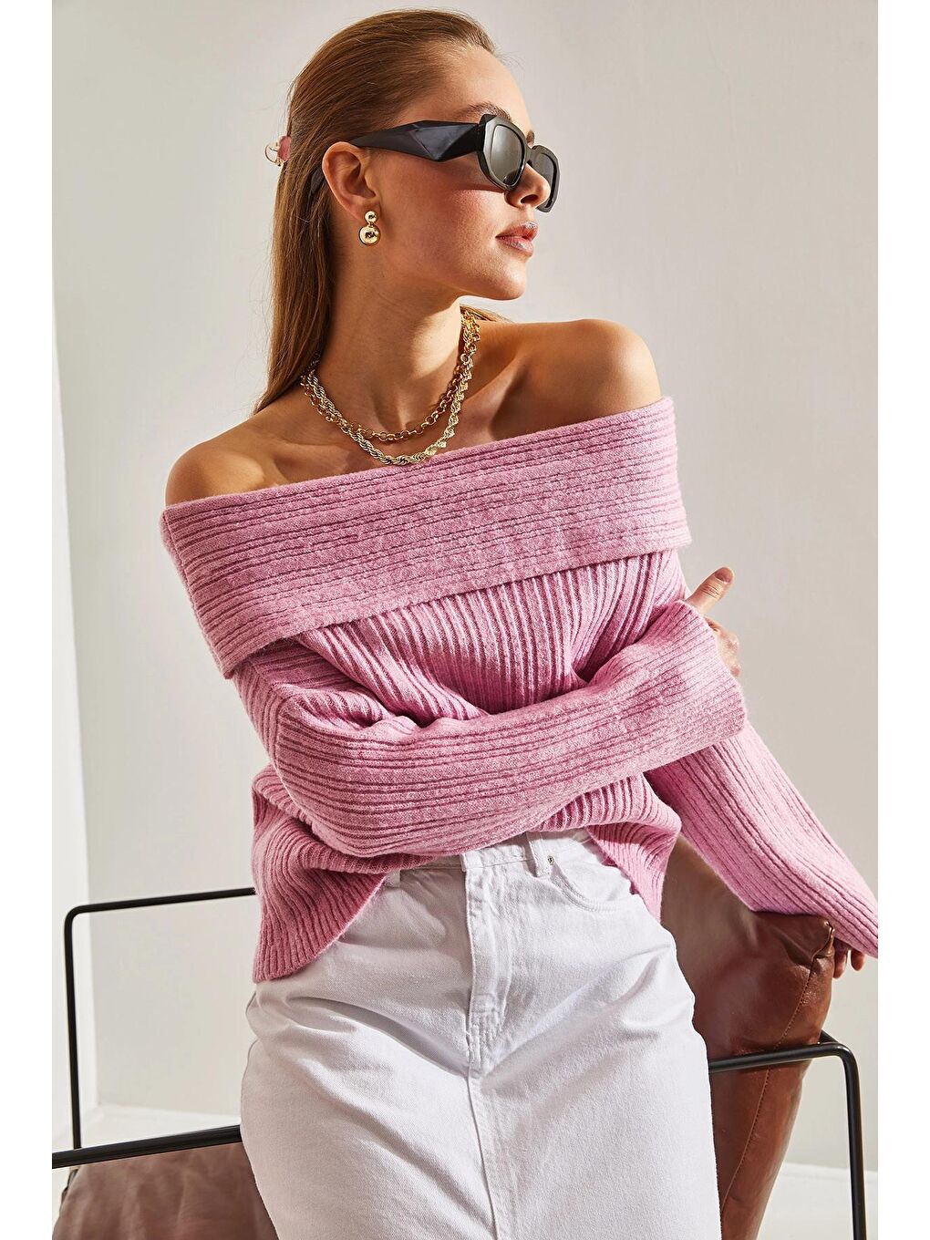 Pembe Kadın Degaje Yaka Kazak-2