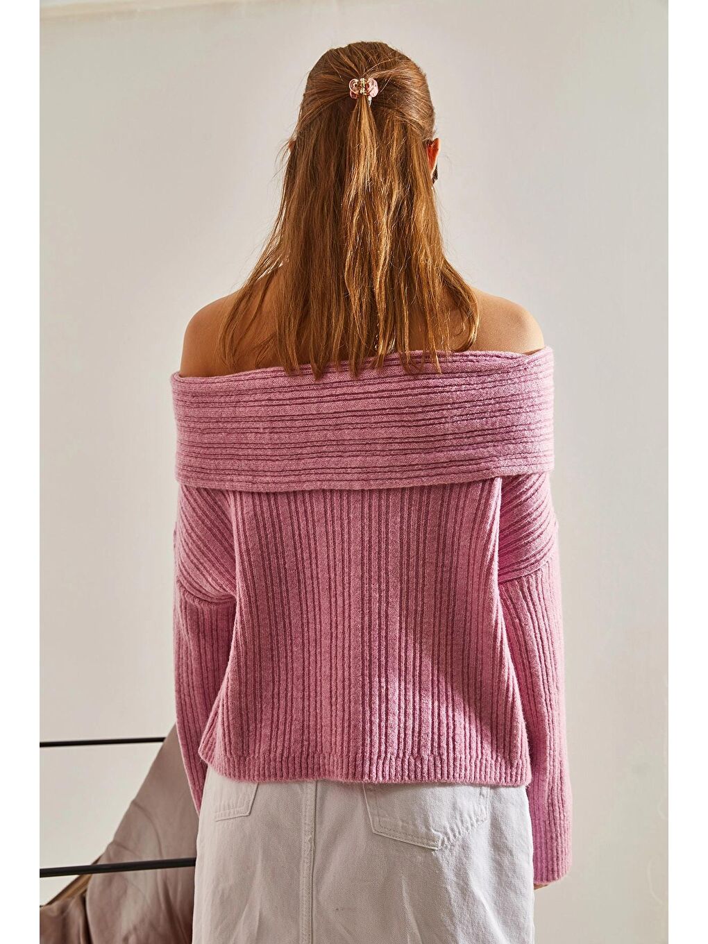 Pembe Kadın Degaje Yaka Kazak-3