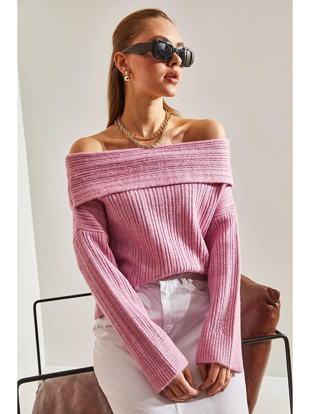 Pembe Kadın Degaje Yaka Kazak-4