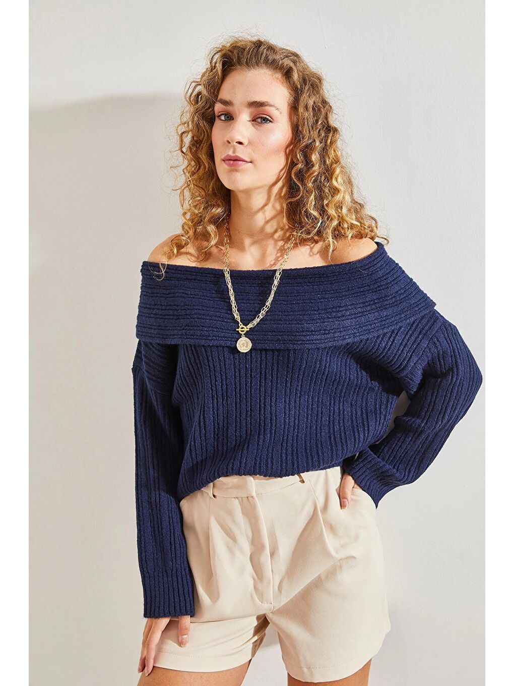 Lacivert Kadın Degaje Yaka Kazak-3