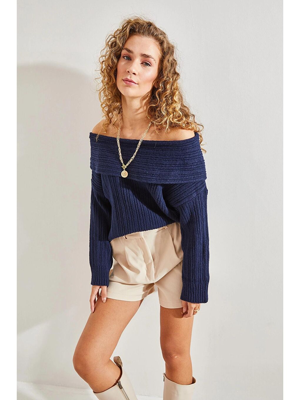 Lacivert Kadın Degaje Yaka Kazak-4