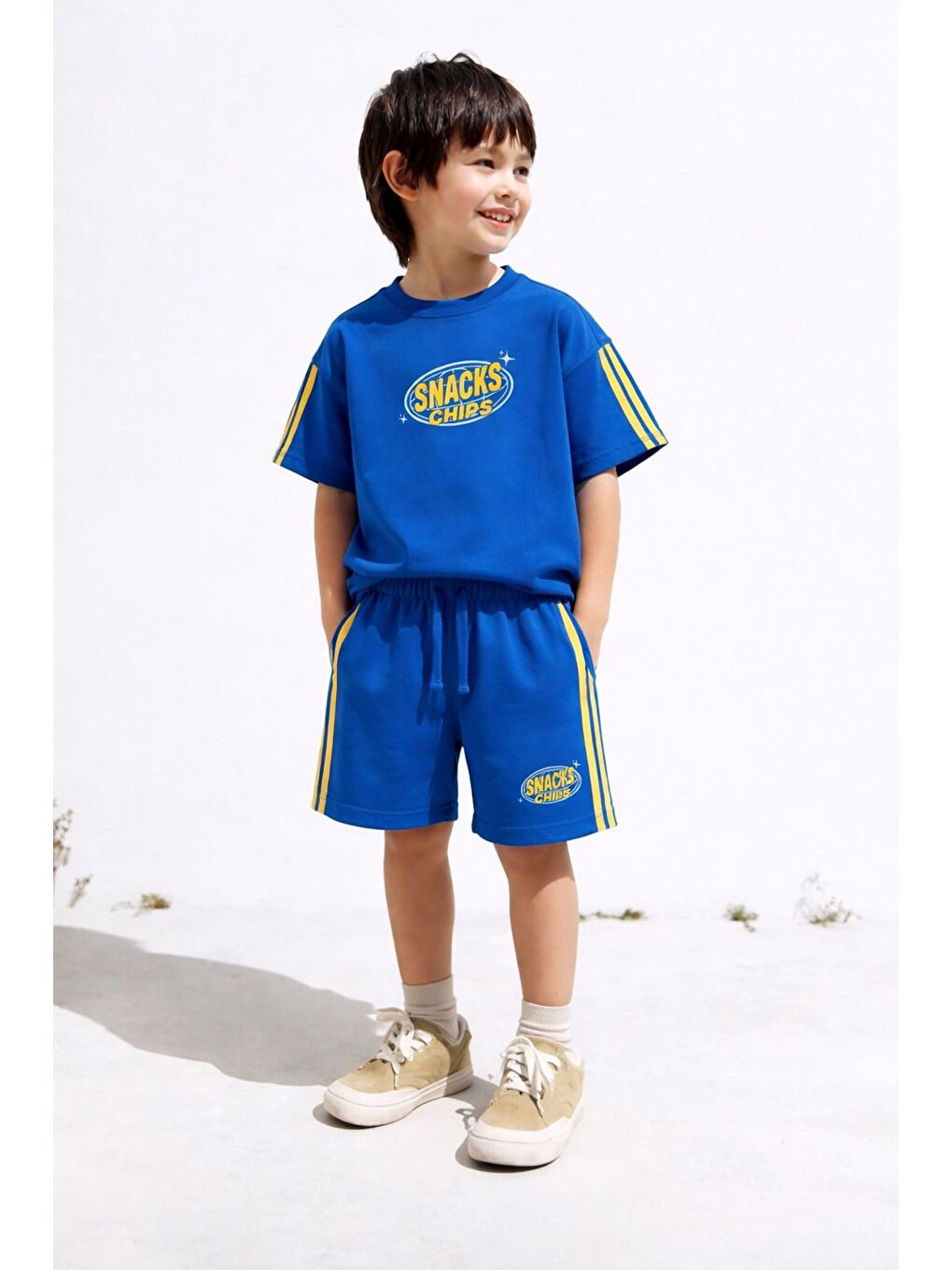 Lacivert Erkek Çocuk Pamuklu Saks Baskılı T-Shirt Ve Şort Alt Üst Takım