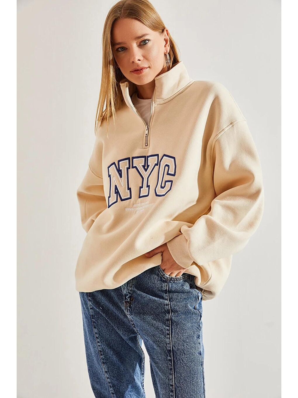 SHADE Krem Kadın NYC Baskılı Yakası Fermuarlı Üç İplik Şardonlu Sweatshirt - 1