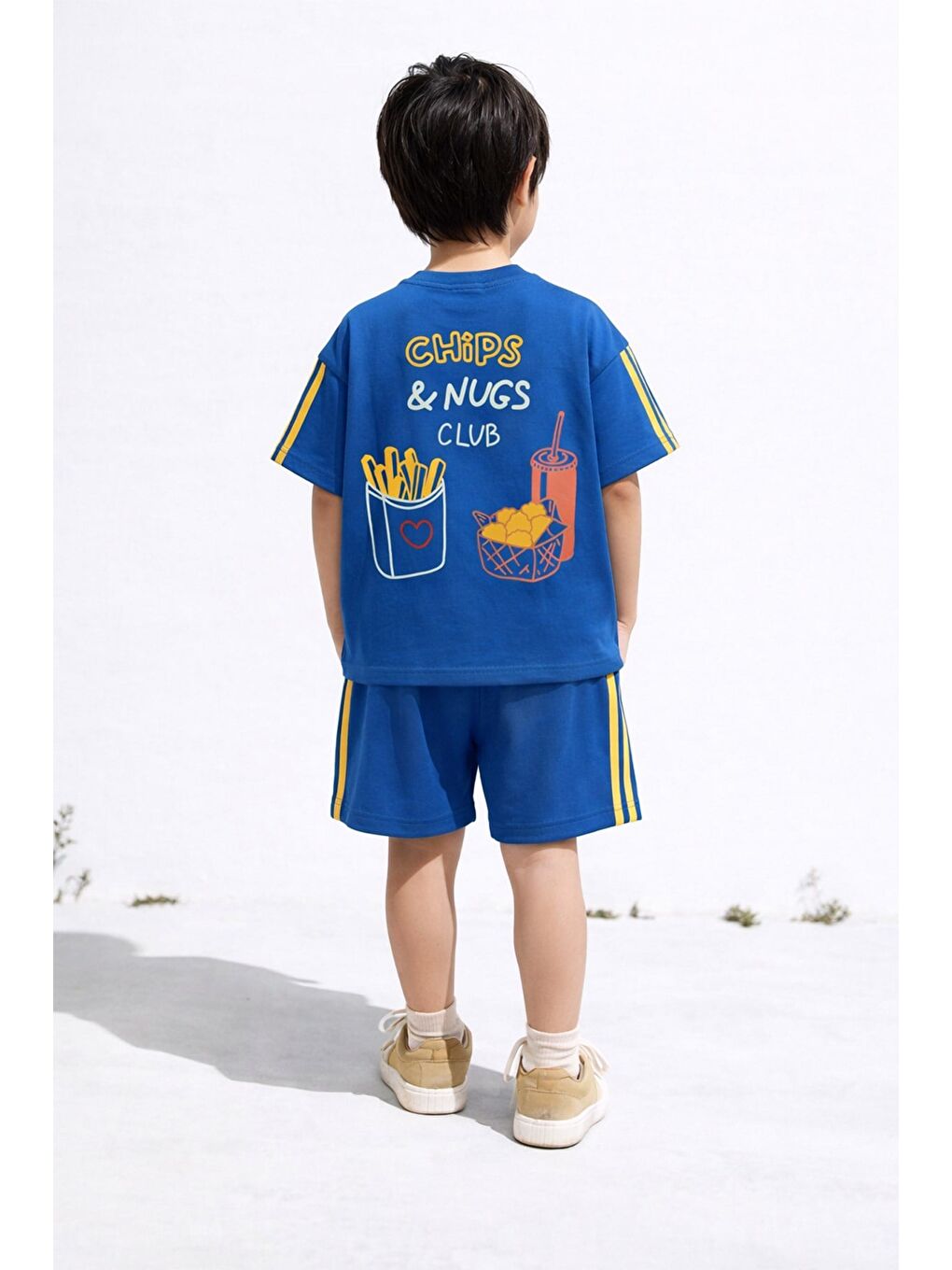 Lacivert Erkek Çocuk Pamuklu Saks Baskılı T-Shirt Ve Şort Alt Üst Takım-1