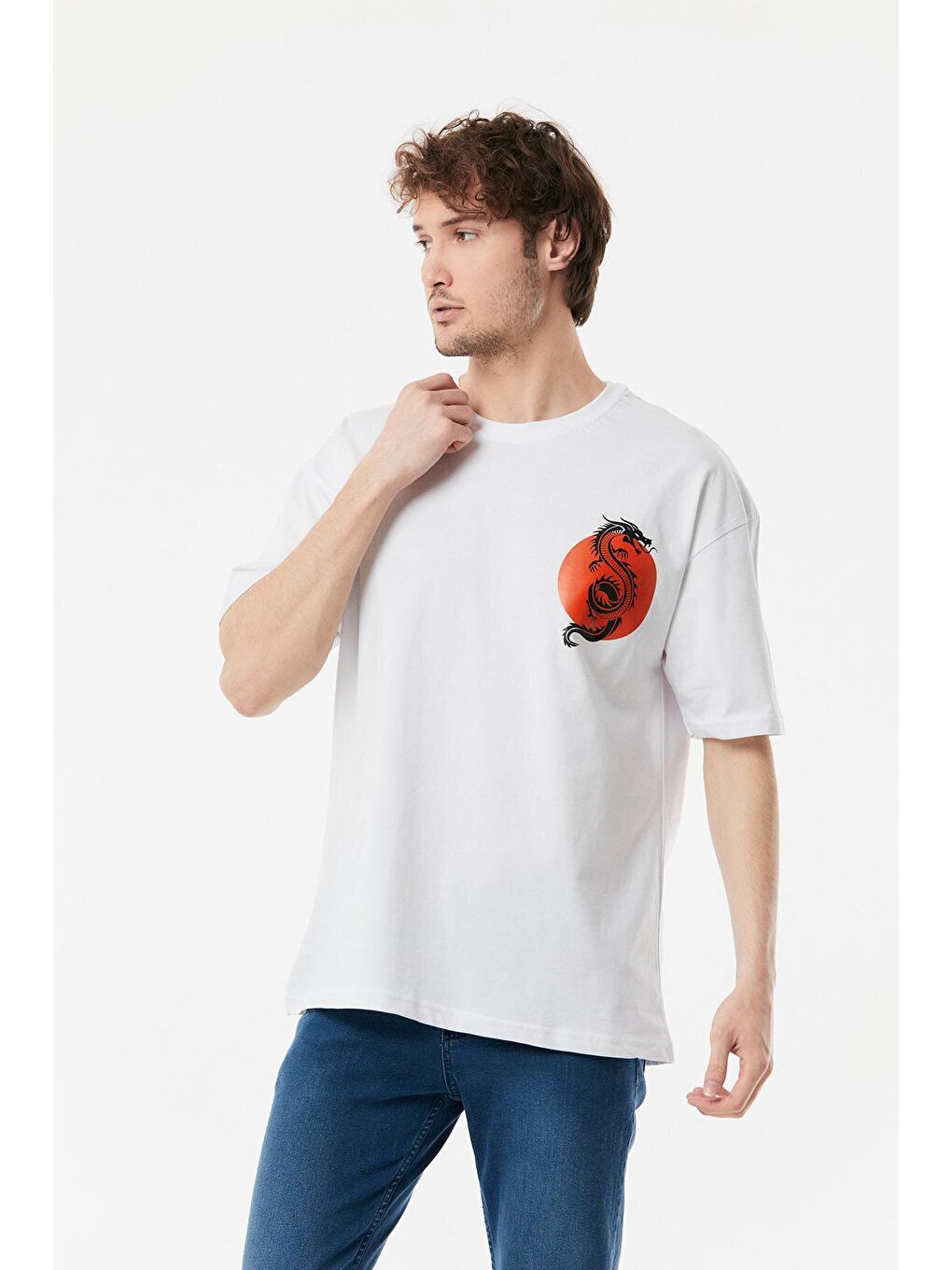 Beyaz Baskılı Bisiklet Yaka Oversize Tişört