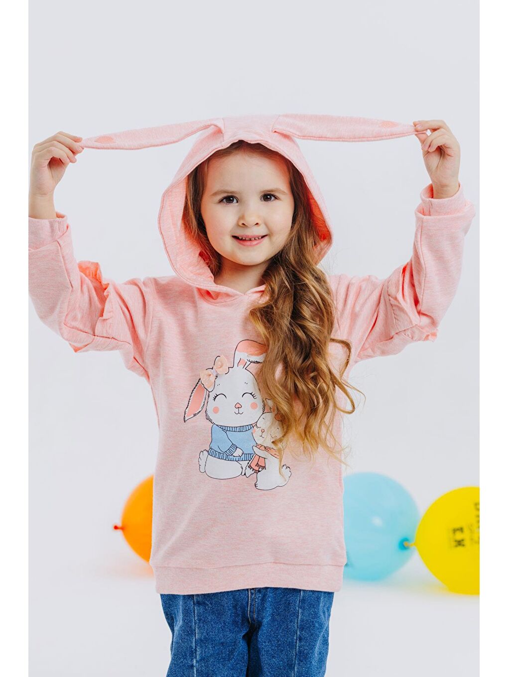 Pembe Kız Çocuk Sweatshirt Tavşancık Baskılı Somon Melanj (1.5-5 Yaş)-5