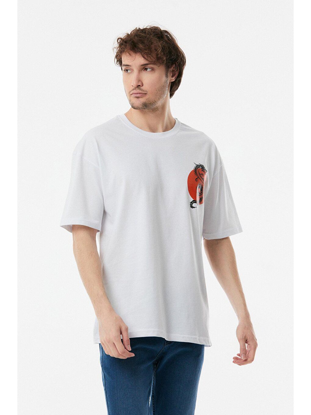 Beyaz Baskılı Bisiklet Yaka Oversize Tişört-2