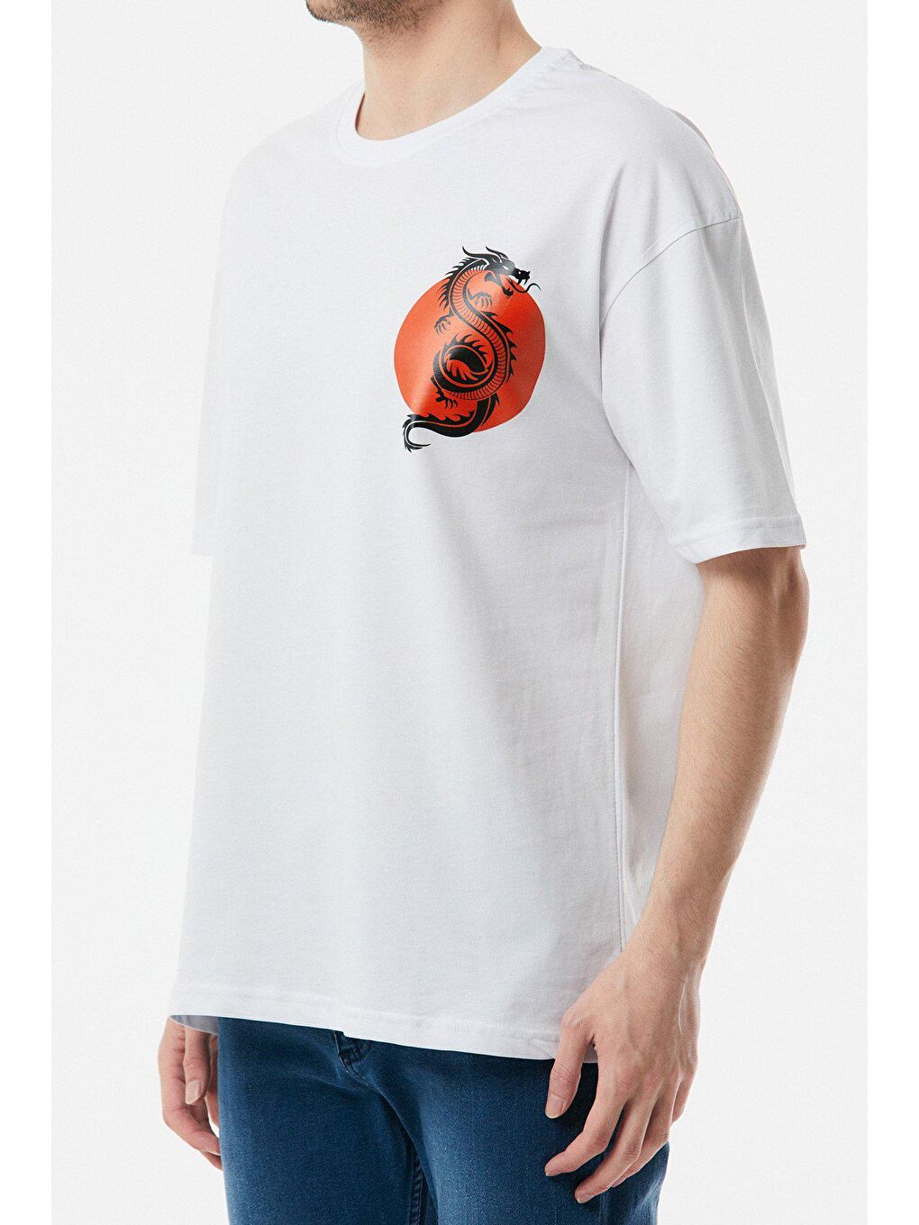 Beyaz Baskılı Bisiklet Yaka Oversize Tişört-3