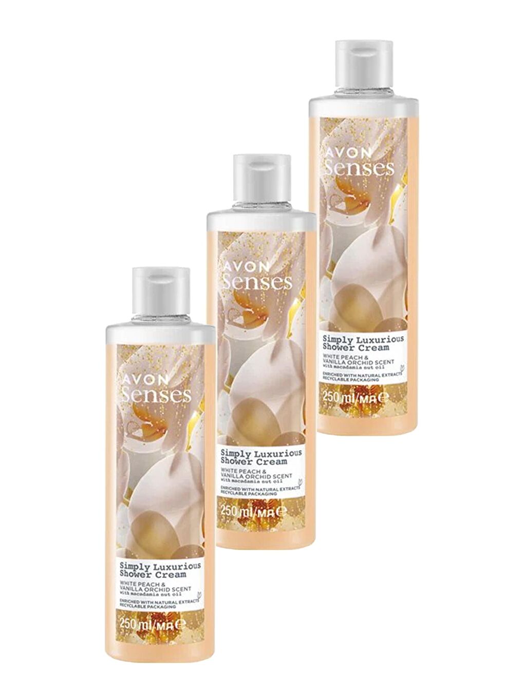 AVON Simply Luxurious Beyaz Şeftali ve Vanilya Orkide Kokulu Duş Kremi 250 Ml. Üçlü Set