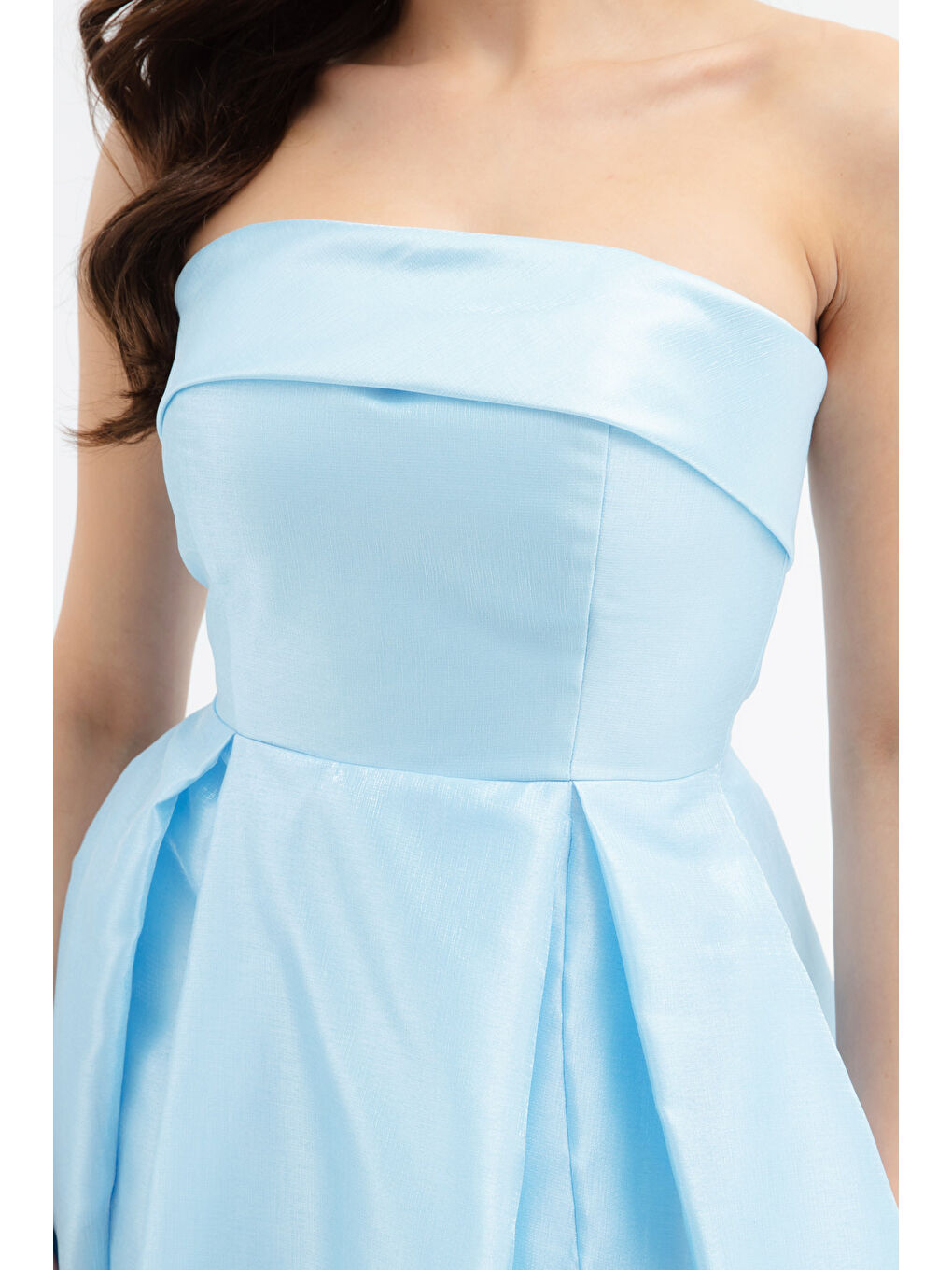 Kadın Bebe Mavi Straplez Yaka Yırtmaçlı Uzun Abiye Elbise-2