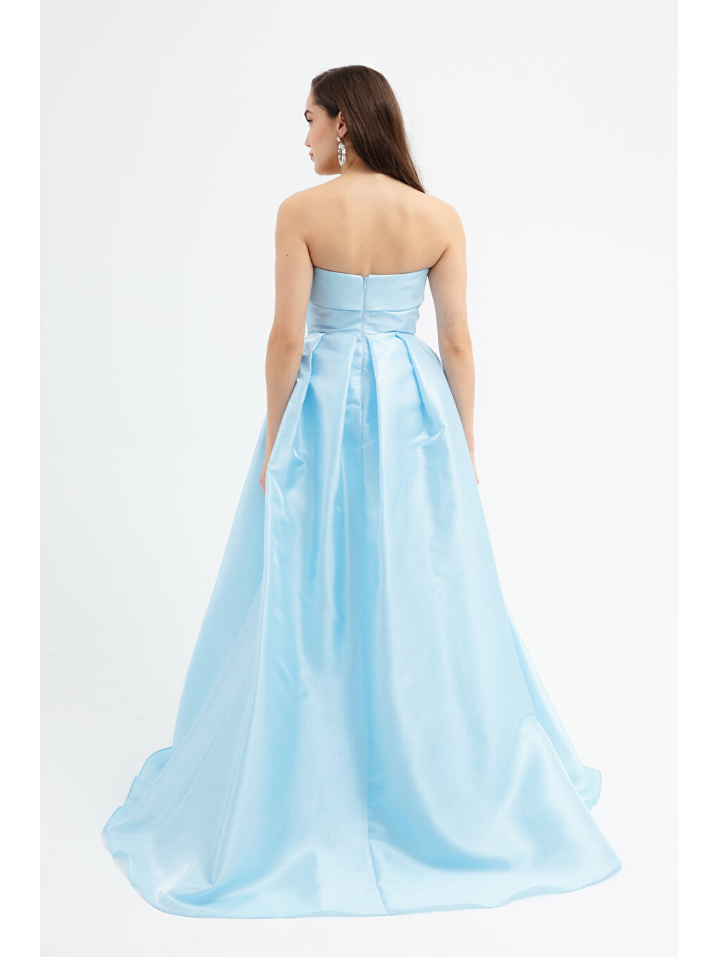 Kadın Bebe Mavi Straplez Yaka Yırtmaçlı Uzun Abiye Elbise-4