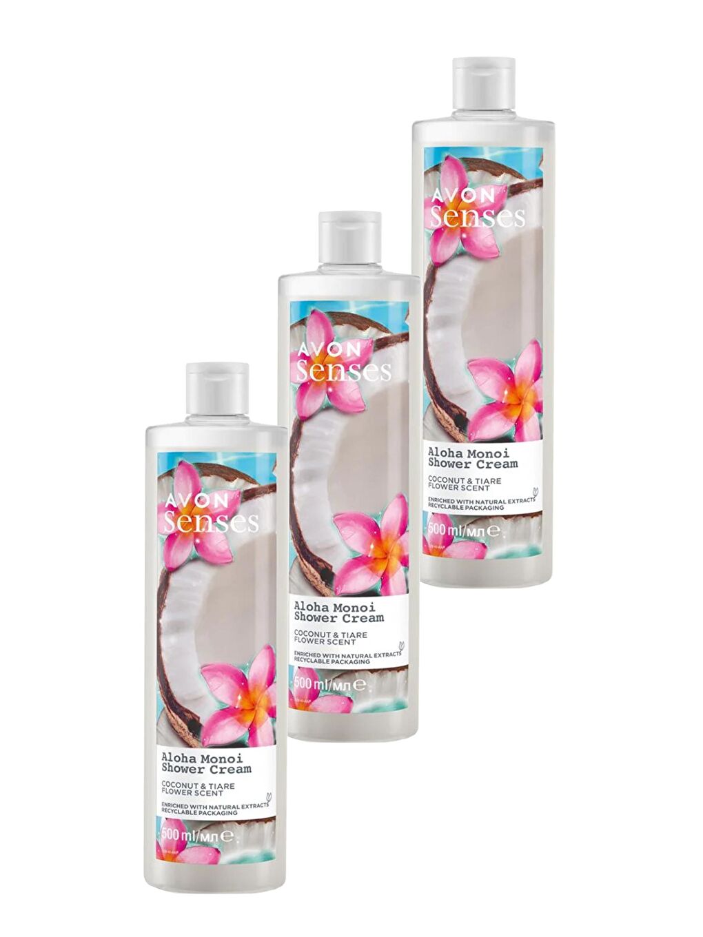 AVON Senses Aloha Monoi Tiare Çiçeği ve Hindistan Cevizi Kokulu Krem Duş Jeli 500 Ml. Üçlü Set